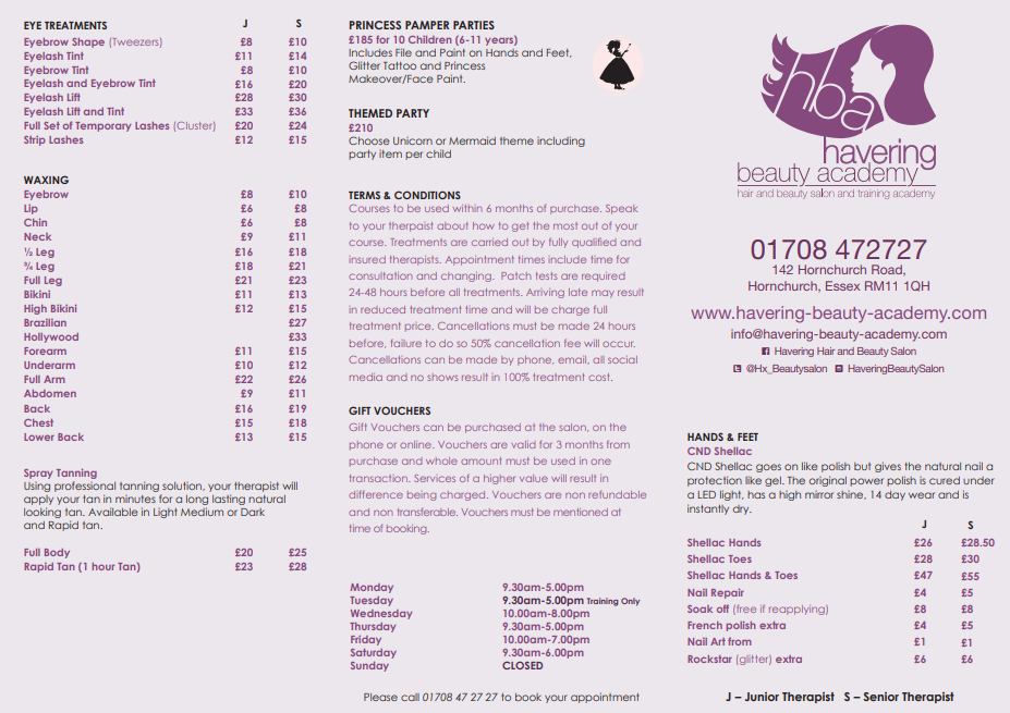 Price List at our Hornchurch Beauty Salon - Havering Beauty AcademyHavering  Beauty Academy